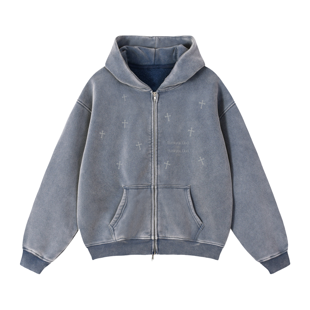 Cross Sticker Double Zip - Denim Blue Fleece